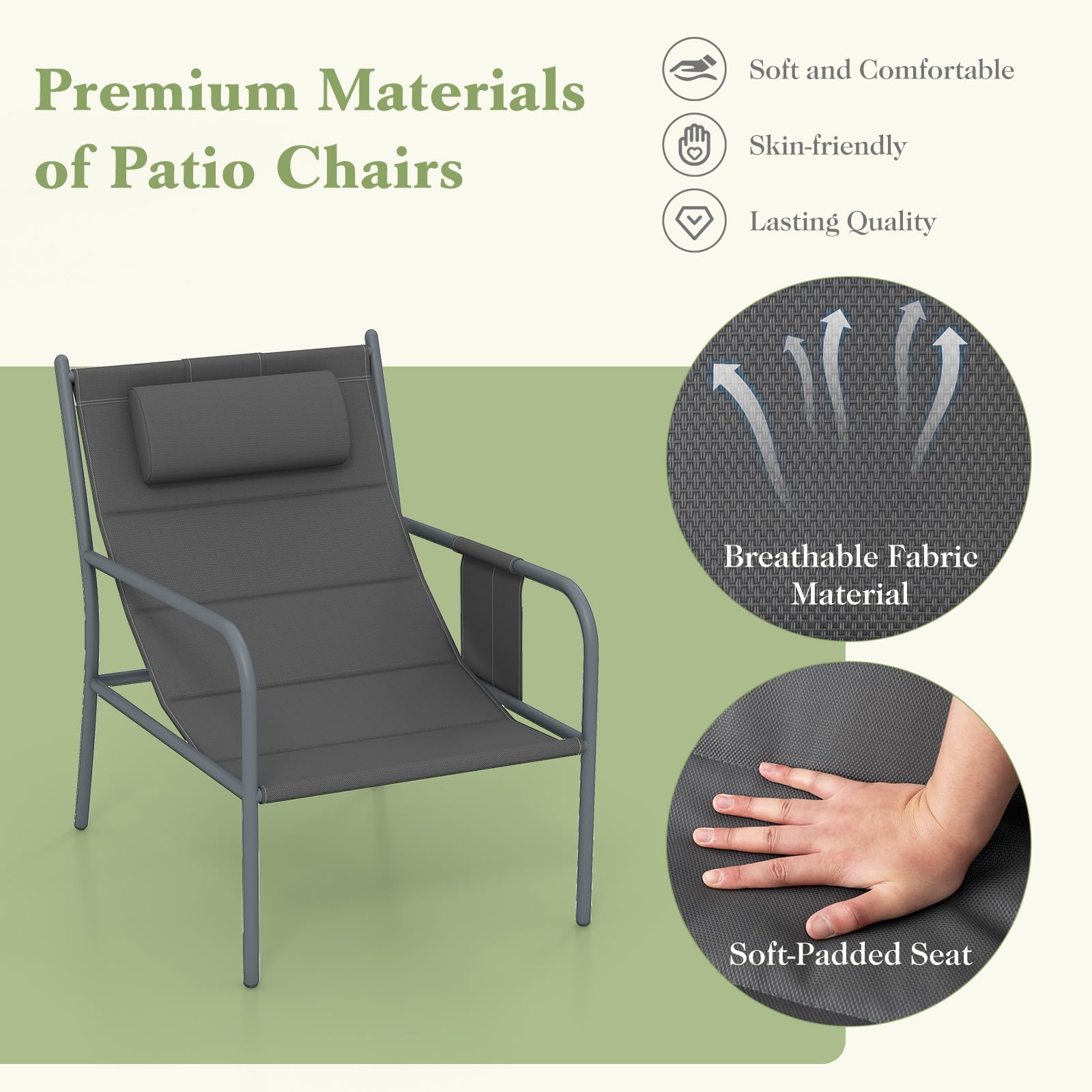 Giantex 3 Piece Patio Bistro Set, Outdoor Metal Chairs Set of 2 with Coffee Table, Breathable Fabric Seats