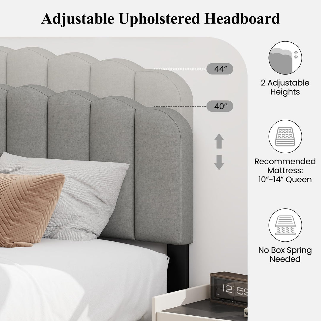 Giantex Queen Bed Frame Linen Upholstered Platform Bed with Adjustable Scalloped Tufted Headboard