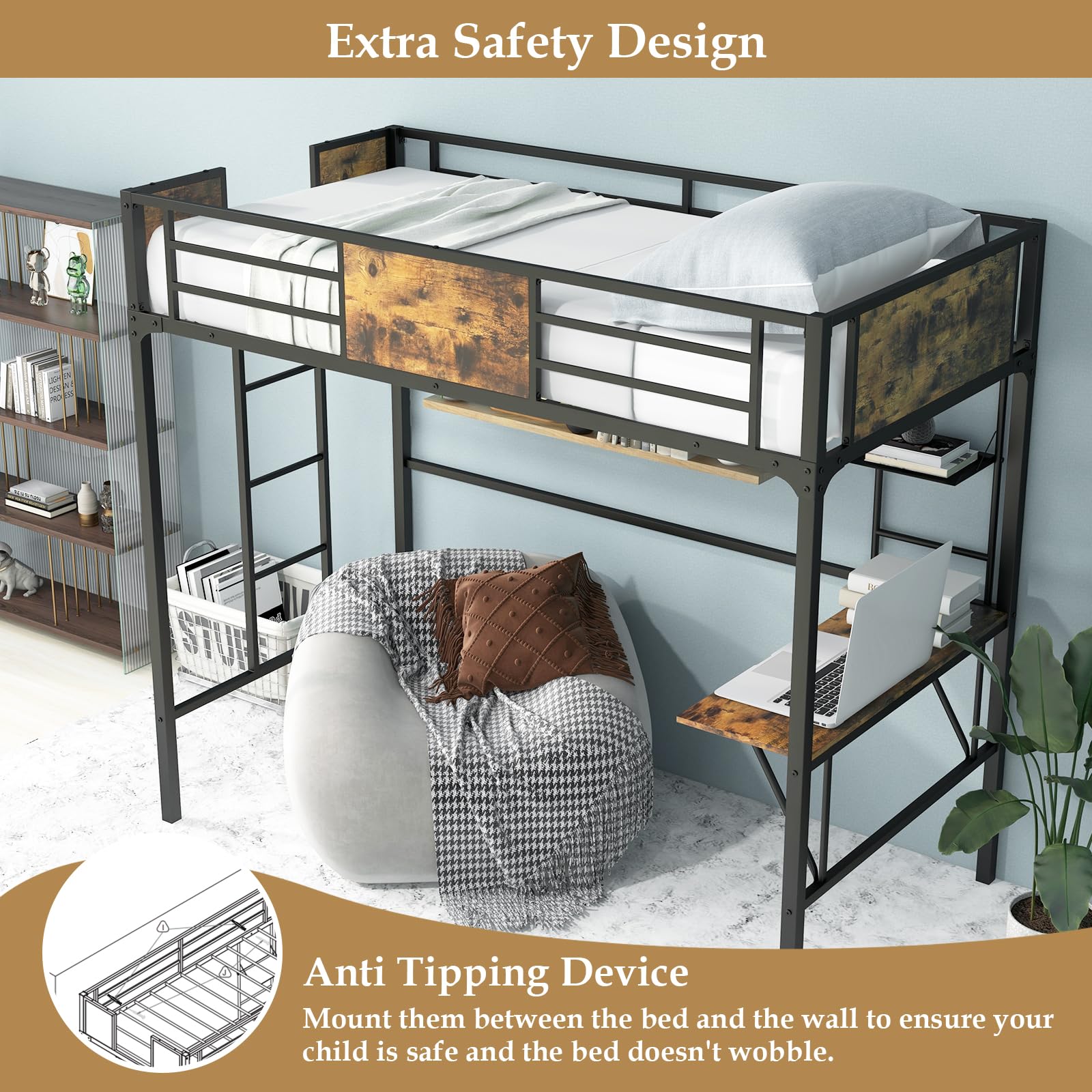 Giantex Metal Twin Loft Bed with Desk and Storage Shelf