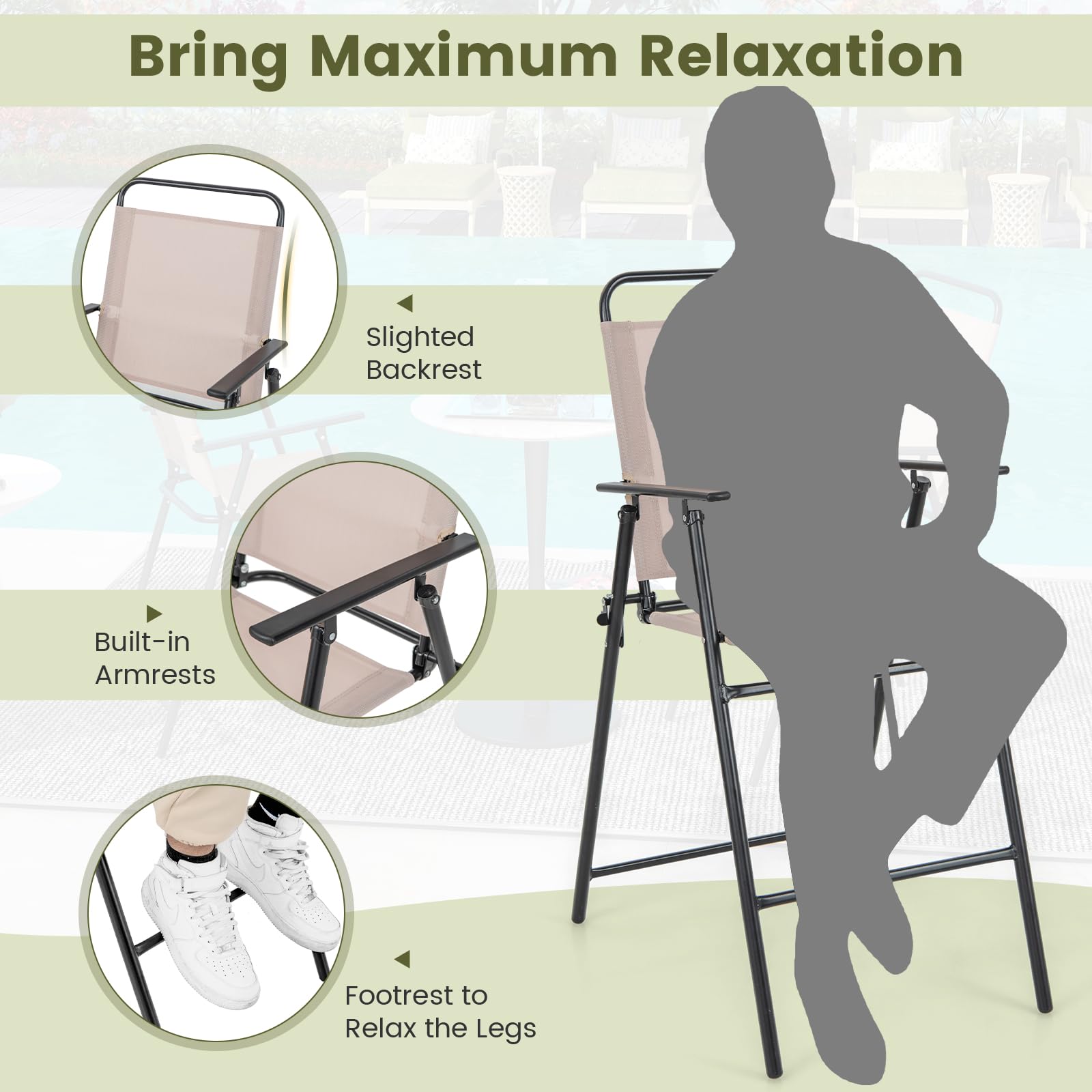 Giantex Outdoor Folding Bar Chair Set of 2, Bar-Height Patio Chairs with Backrest, Armrests, Footrest