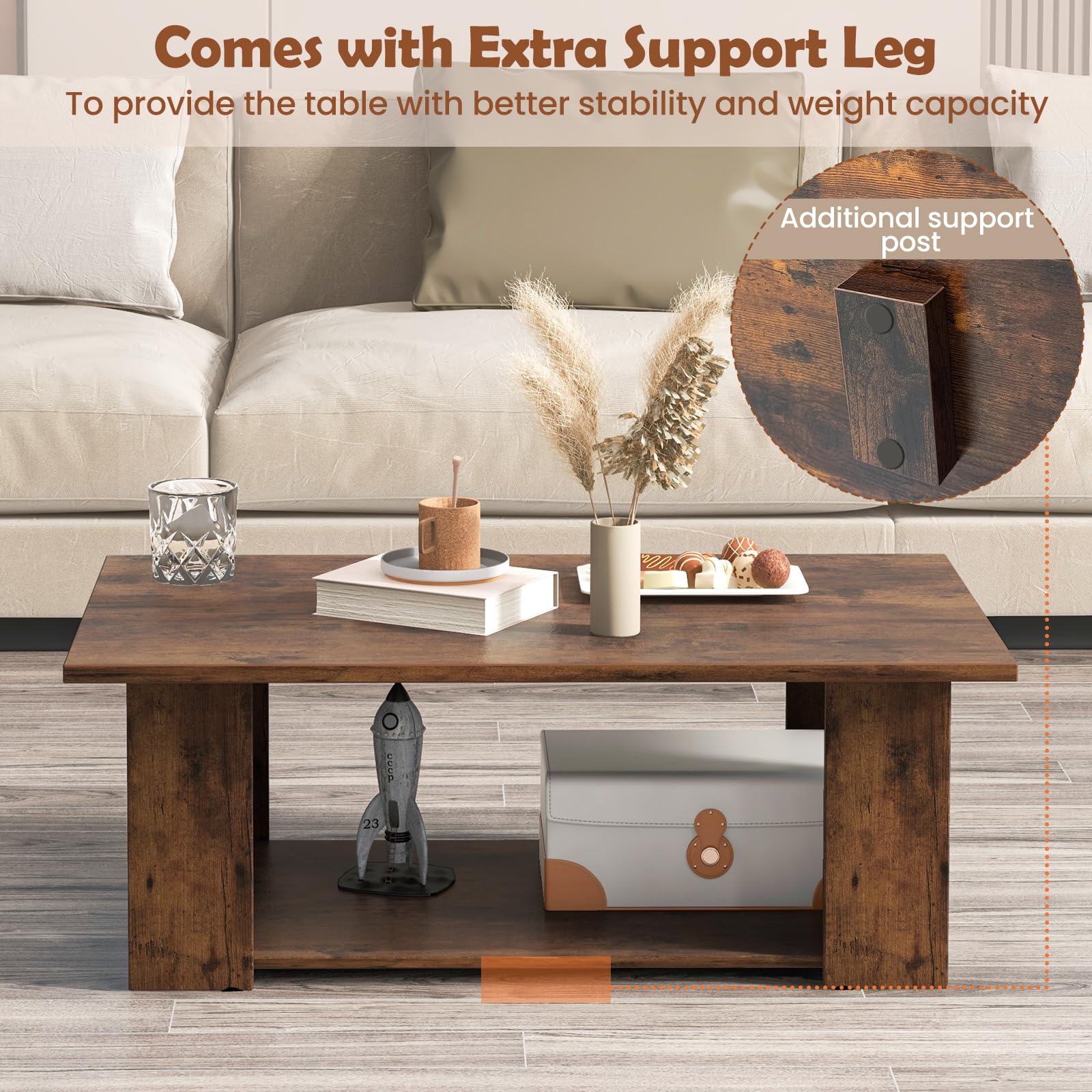 Giantex Rectangle Wood Center Table, 41" L 2-Tier Large Modern Tea Table w/Open Compartment