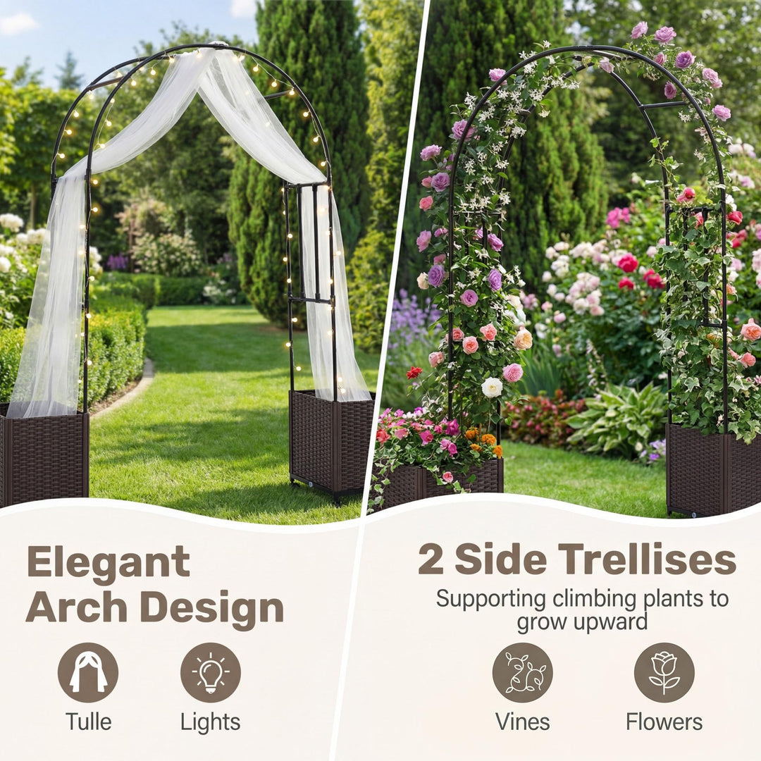 Giantex Metal Garden Arch Trellis Arbor with 2 Self-Watering Planter Boxes