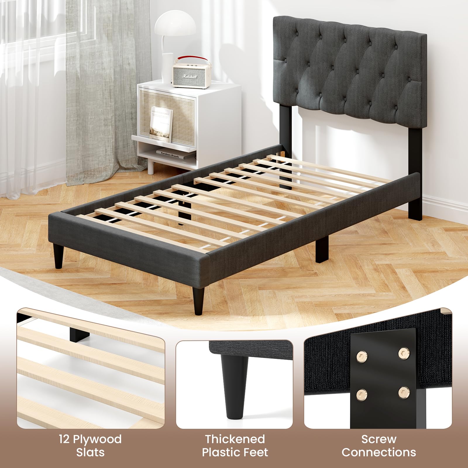 Modern Upholstered Platform Bed Frame with Diamond Tufting Headboard