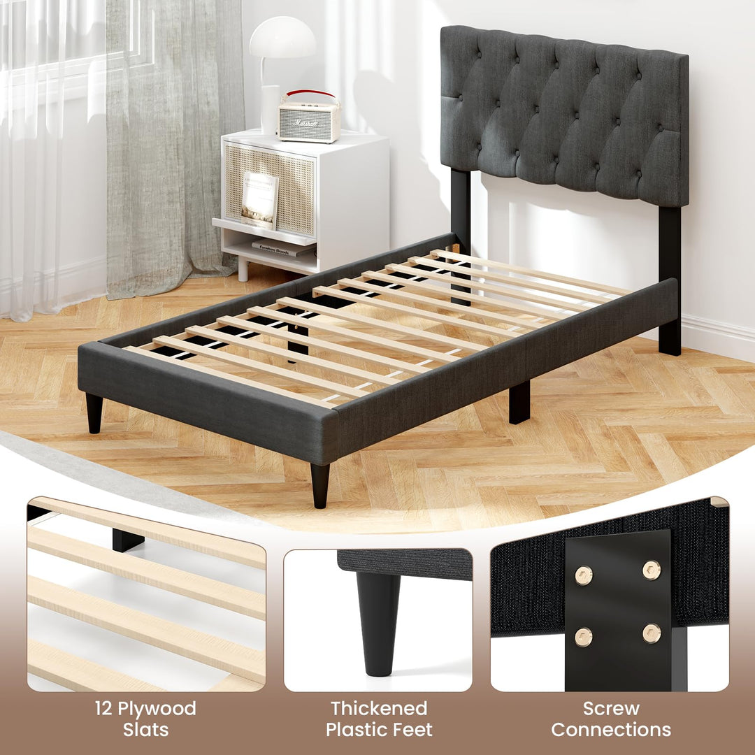 Modern Upholstered Platform Bed Frame with Diamond Tufting Headboard