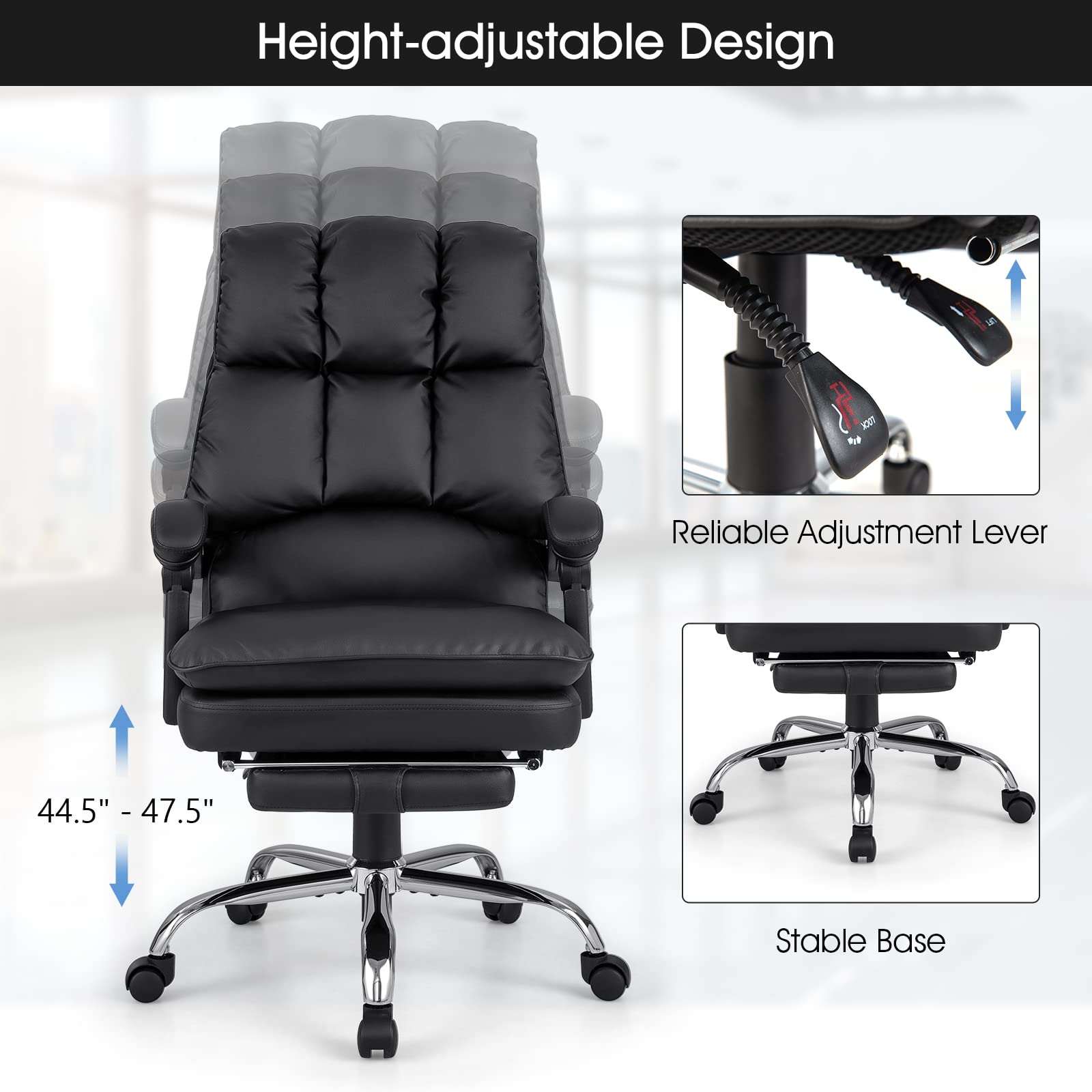 Giantex Executive Office Chair, PU Leather Reclining Chair with Retractable Footrest & Padded Armrests (Black)