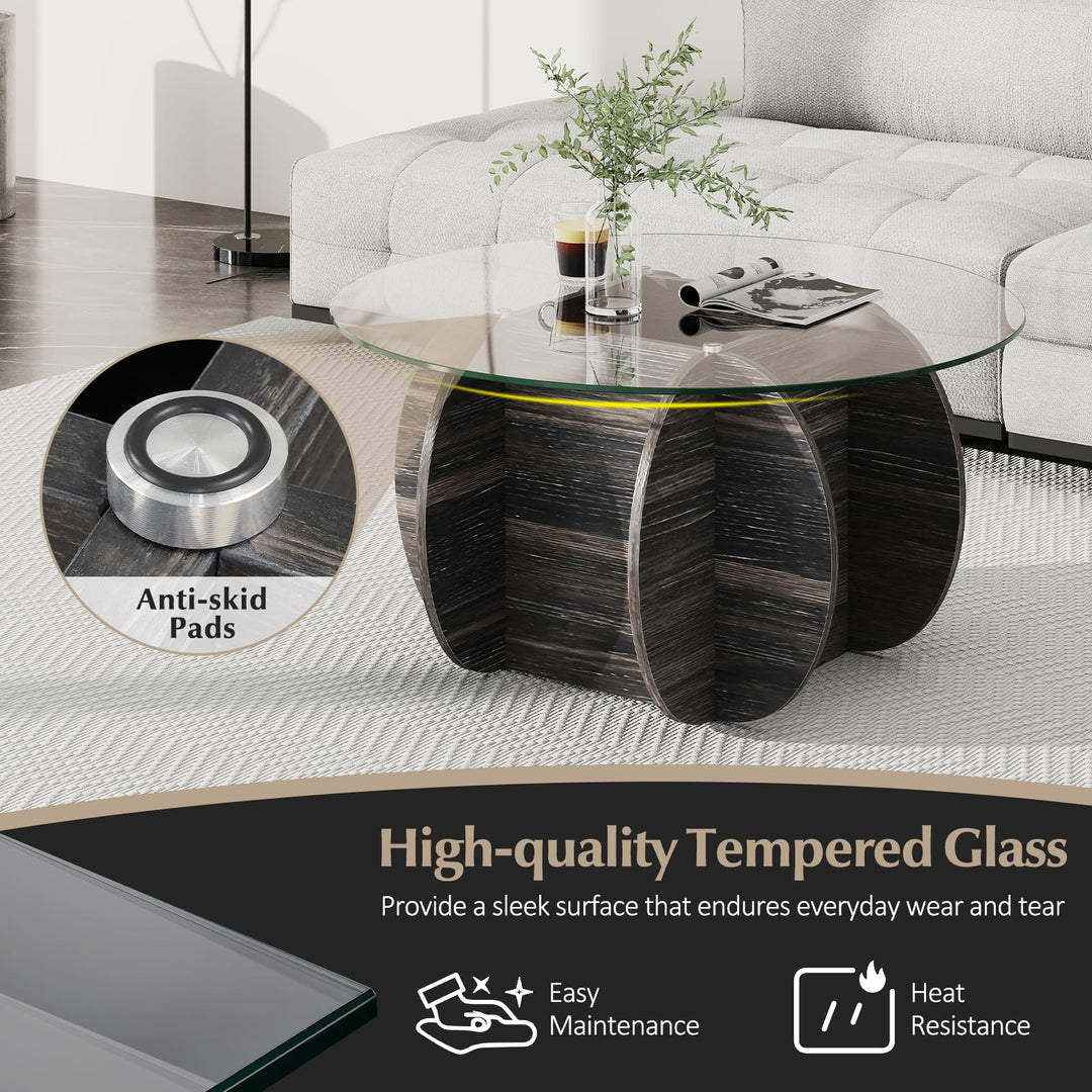 Giantex 35" Glass Round Coffee Table with Storage Tempered Glass Top & Solid Wood Base