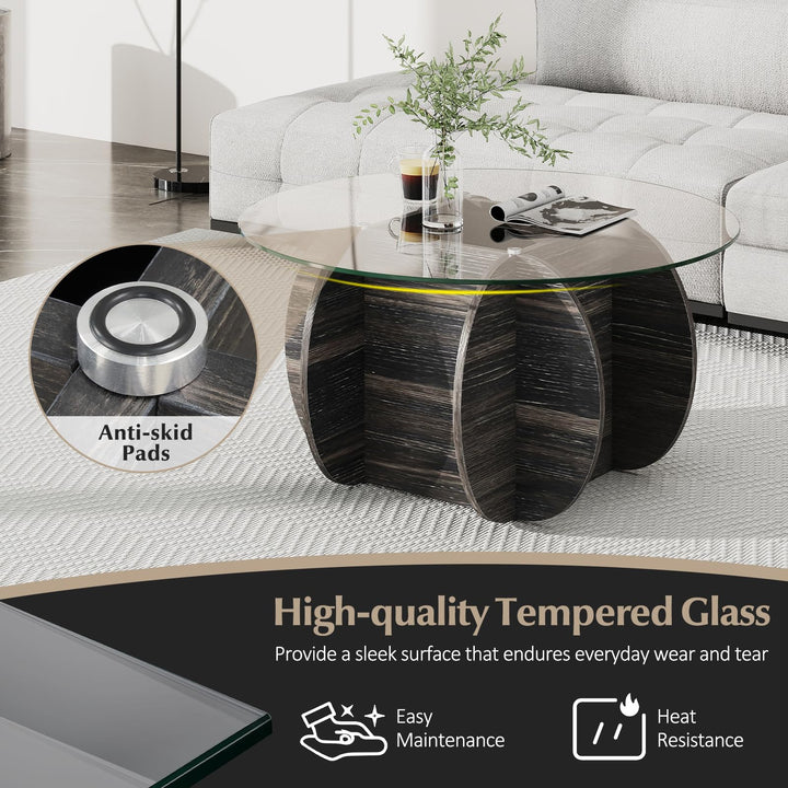 Giantex 35" Glass Round Coffee Table with Storage Tempered Glass Top & Solid Wood Base
