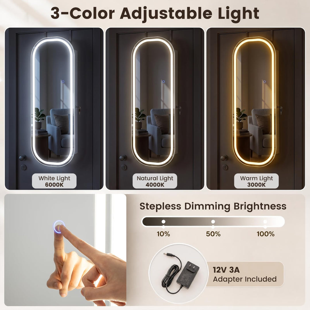 CHARMAID LED Full Length Mirror Jewelry Cabinet | Wall Mount &amp; Over the Door