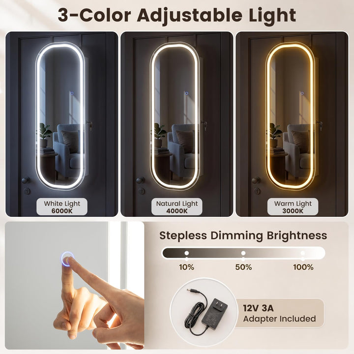 CHARMAID LED Full Length Mirror Jewelry Cabinet | Wall Mount &amp; Over the Door