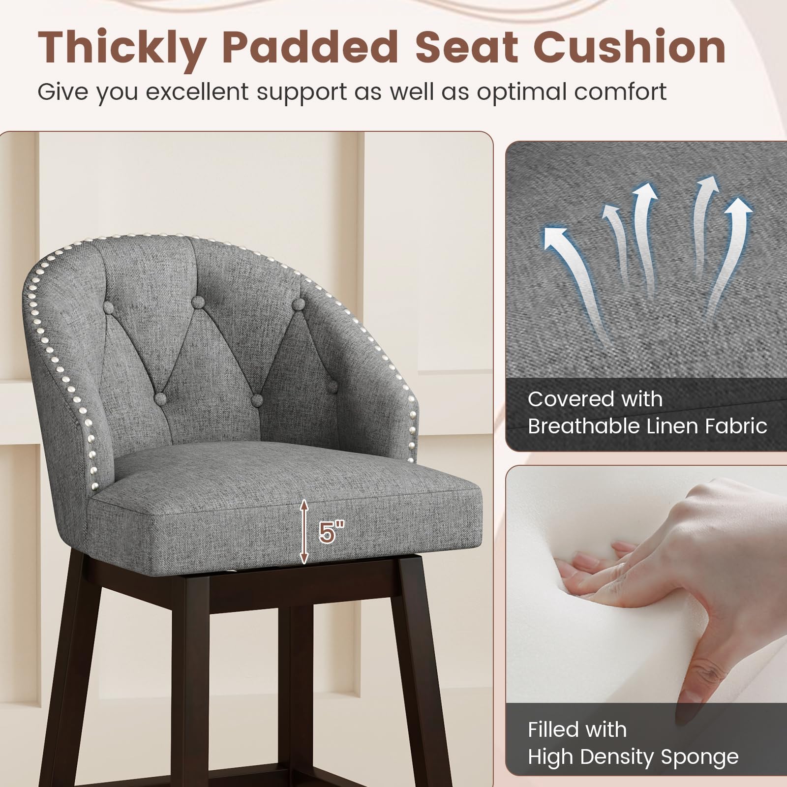 Giantex Modern Upholstered Bar Stools Set of 2/4, 31" Bar Height Swivel Kitchen Stools w/Button-Tufted Back