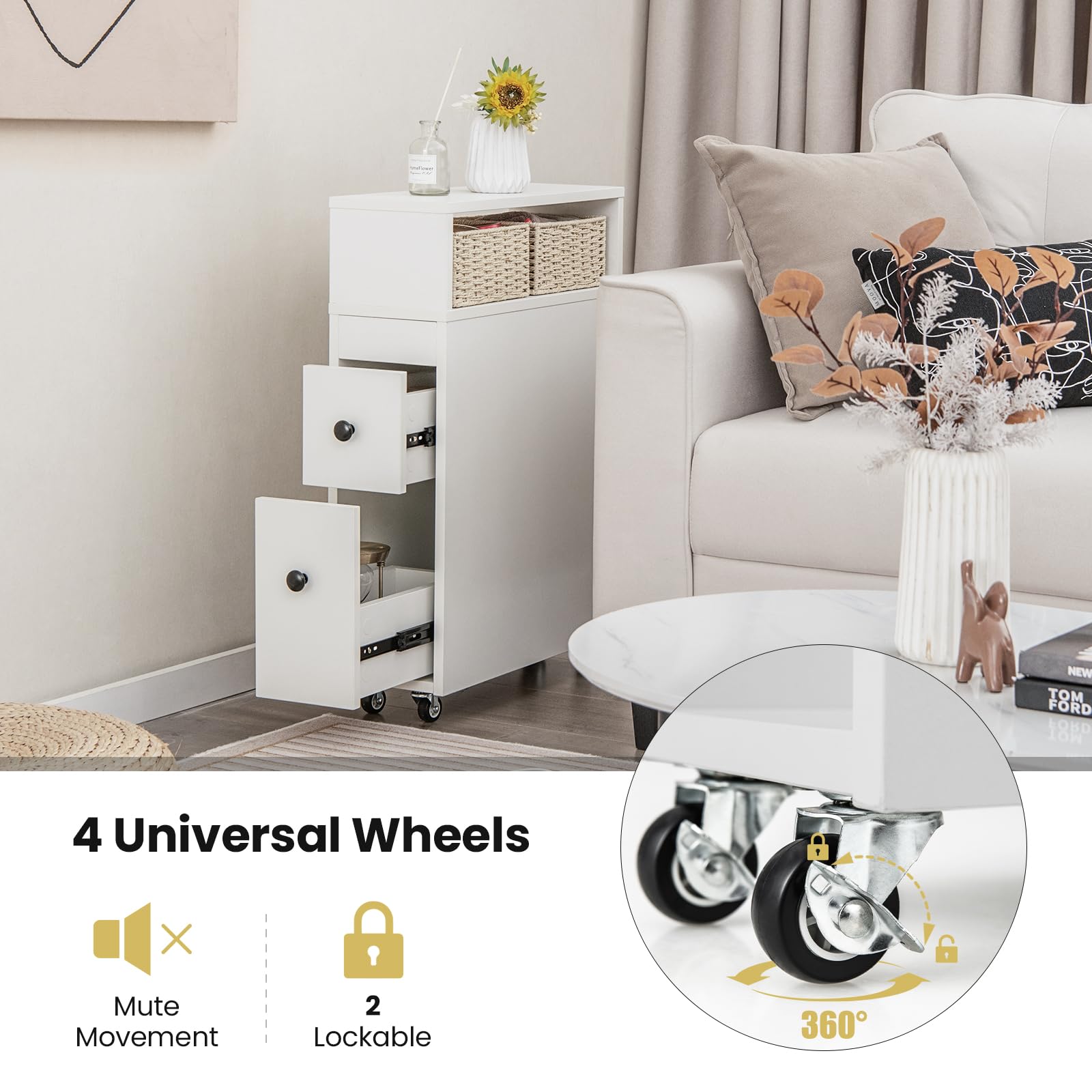 Giantex Small Bathroom Storage Cabinet - Slim Bathroom Organizer with Wheels, 2 Drawers, 2 Baskets