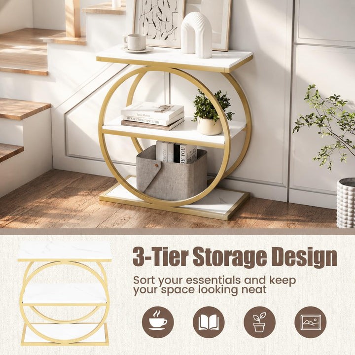 GIANTEX 3-Tier Faux Marble Narrow End Table with Storage &amp; Gold Geometric Metal Frame (1/2)