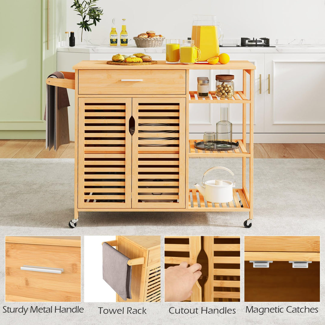 Giantex Bamboo Kitchen Island Cart with Drawer and Storage Cabinet