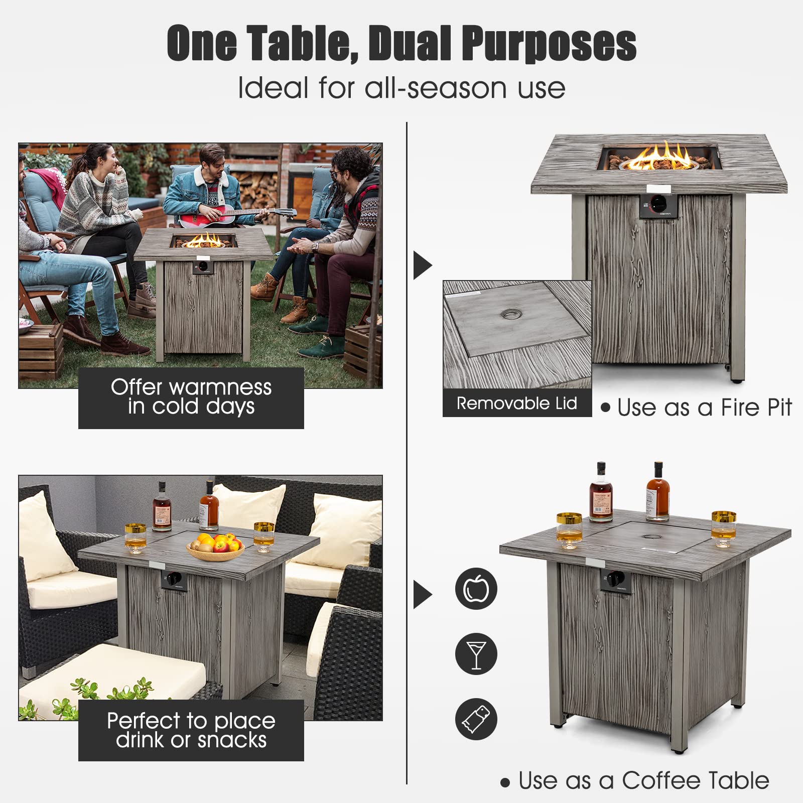 Giantex 28” Patio Fire Pit Table - 2-in-1 40,000 BTU Gas Square Fire Table