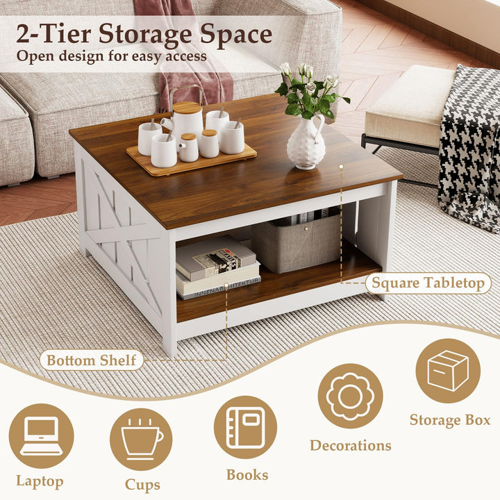 Giantex Farmhouse Coffee Table 31 Inch Square Wood Coffee Table with Storage Shelf