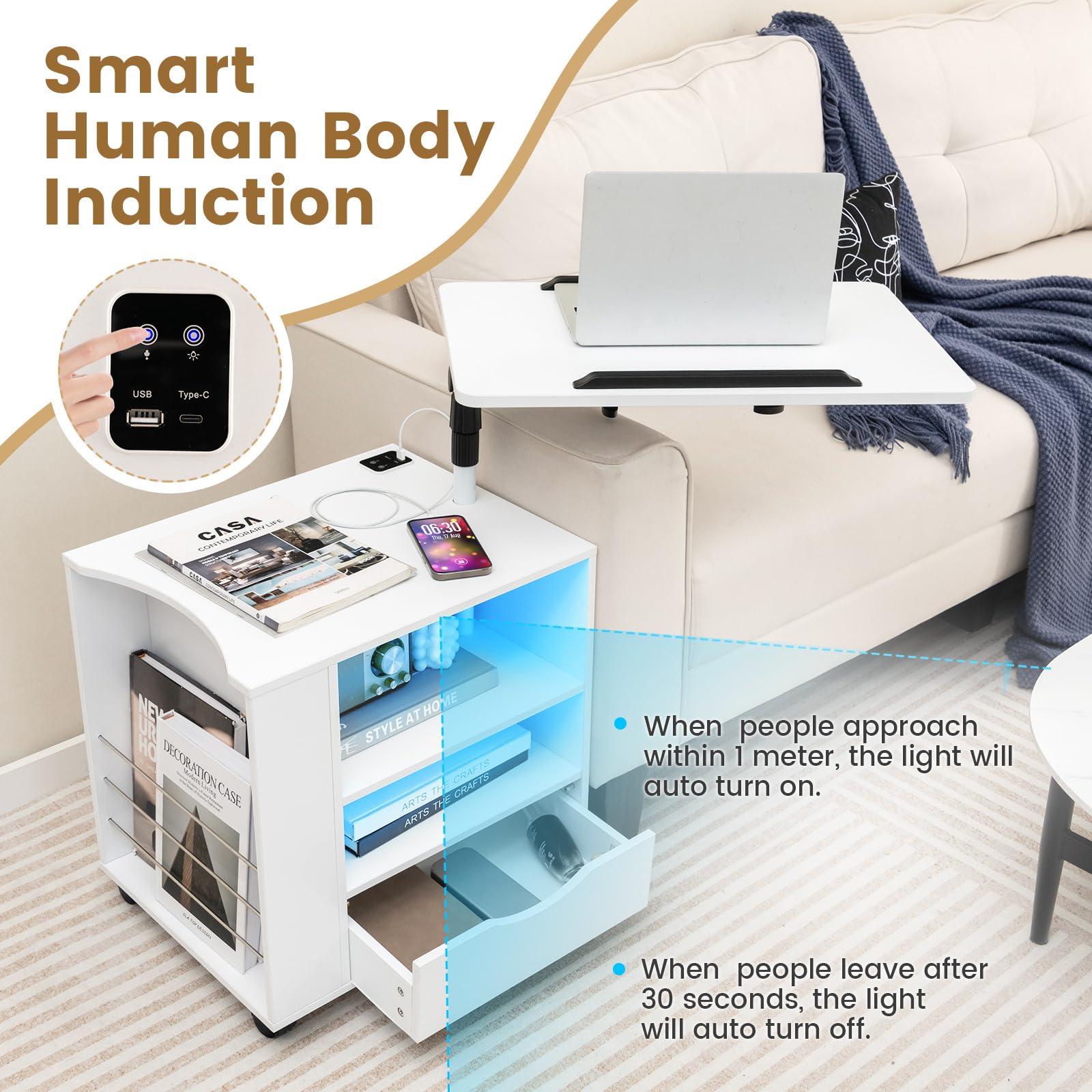 Giantex Nightstand with Charging Station and LED Lights, Modern Bedside Table Workstation