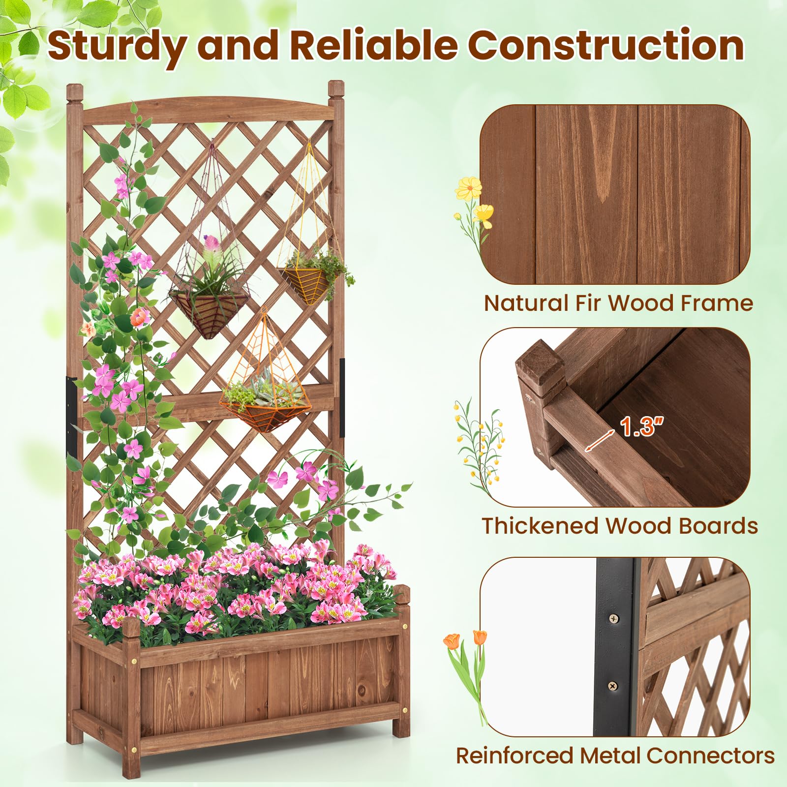 Giantex 60” Wooden Planter Container with Drainage Holes Trellis