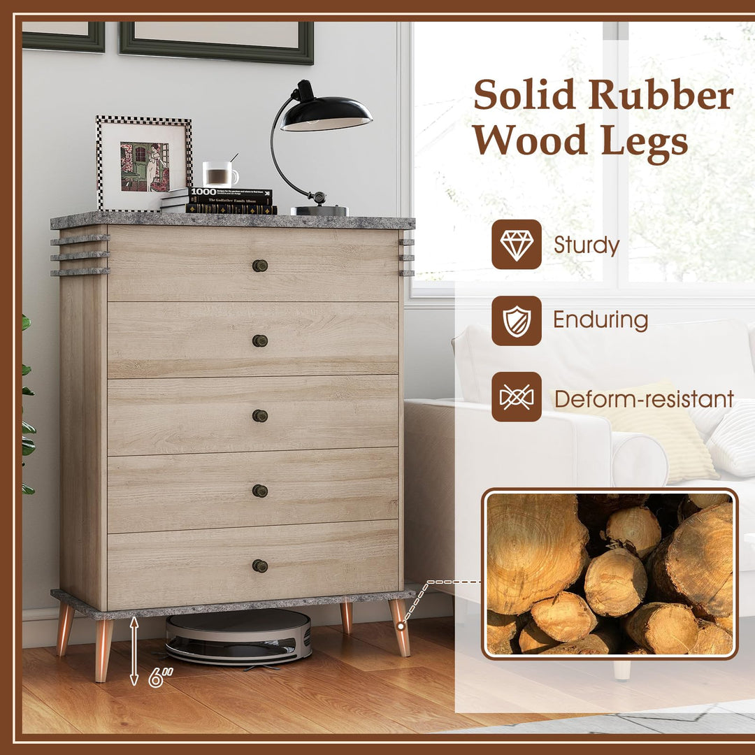 Giantex 5-Drawer Storage Cabinet with Rubber Wood Legs