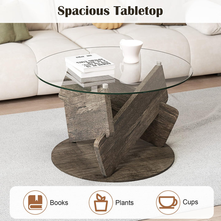 Giantex 32inch Glass Round Coffee Table with Clear Tempered Glass Top Solid Wood Legs
