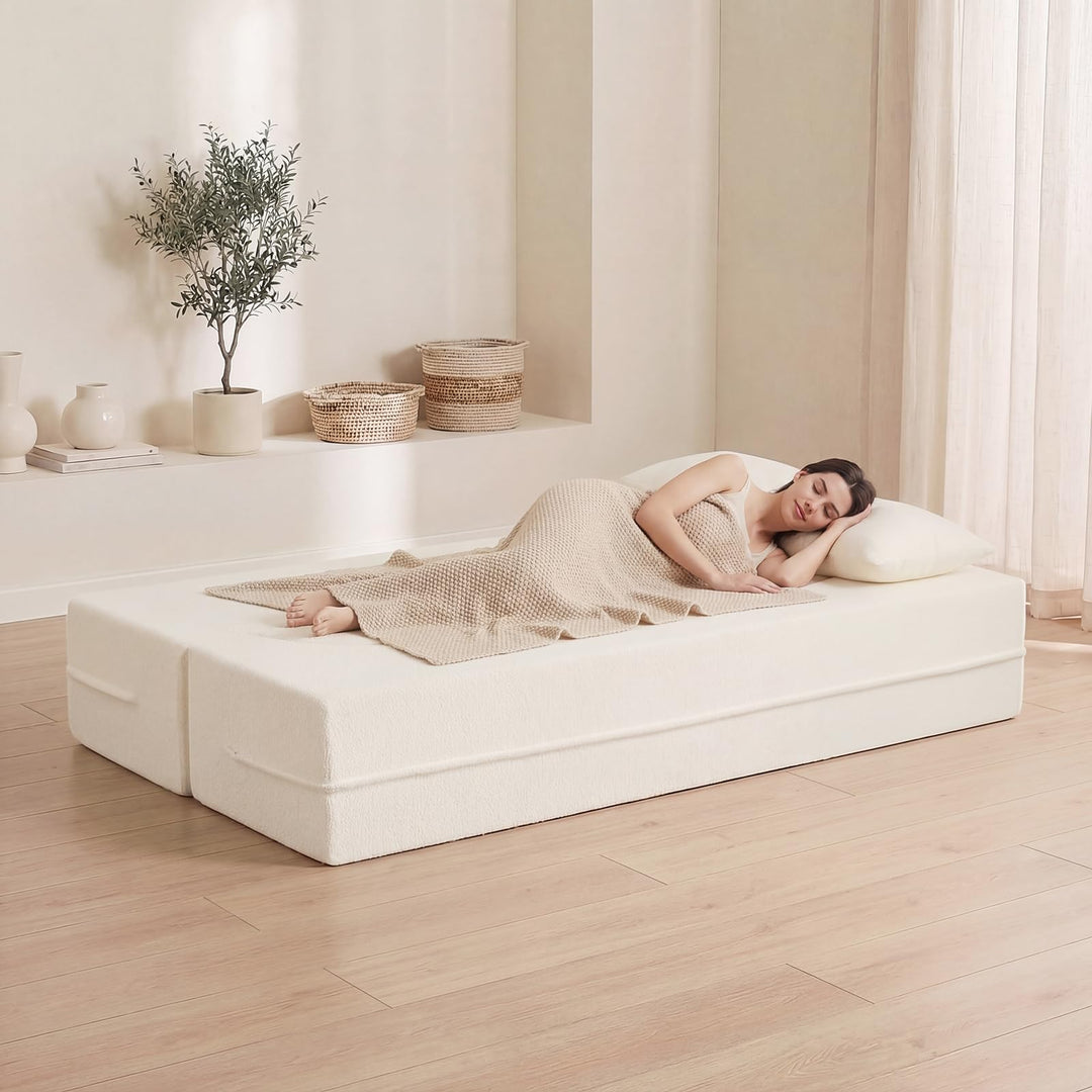 Giantex 75.5" Folding Sofa Bed | 2-in-1 Convertible Teddy Fleece Floor Loveseat with 2 Comfortable Pillows