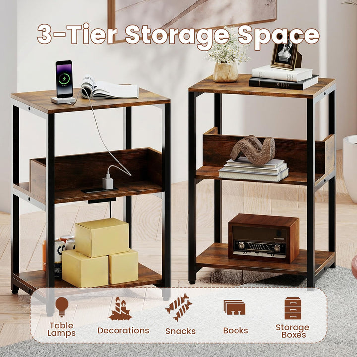 Giantex Side Table with Charging Station - Industrial 3-Tier Bedside Table w/Open Storage Shelves