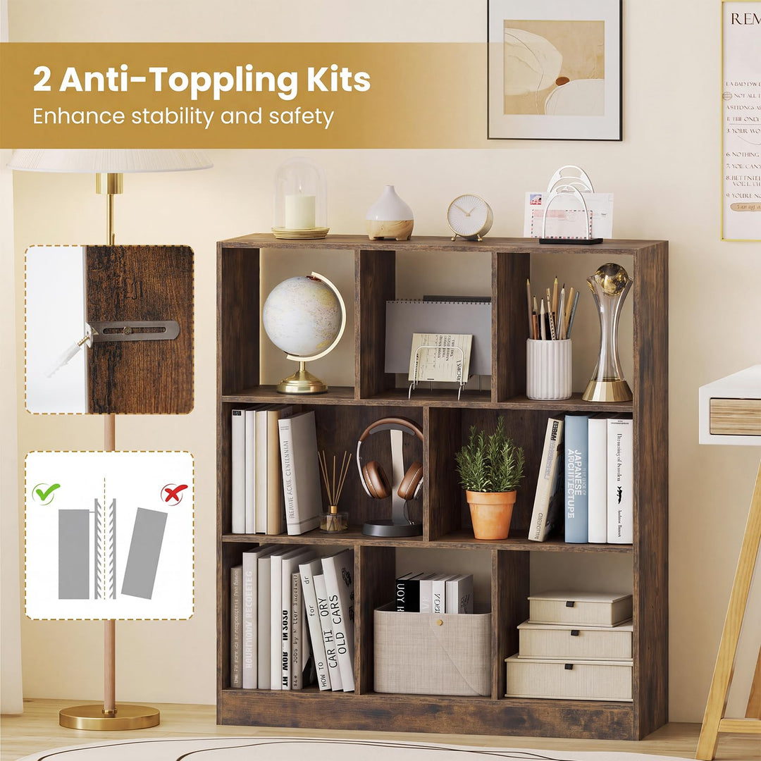GIANTEX 8-Cube Bookcase Wooden Decorative Cubby Storage Organizer with Anti-Toppling Kits