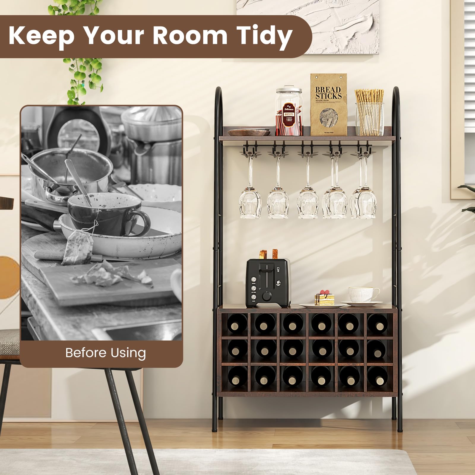 Giantex 18-Bottle Wine Rack Freestanding Floor, Kitchen Baker’s Rack w/ 15 Glasses Holder, Rustic Brown