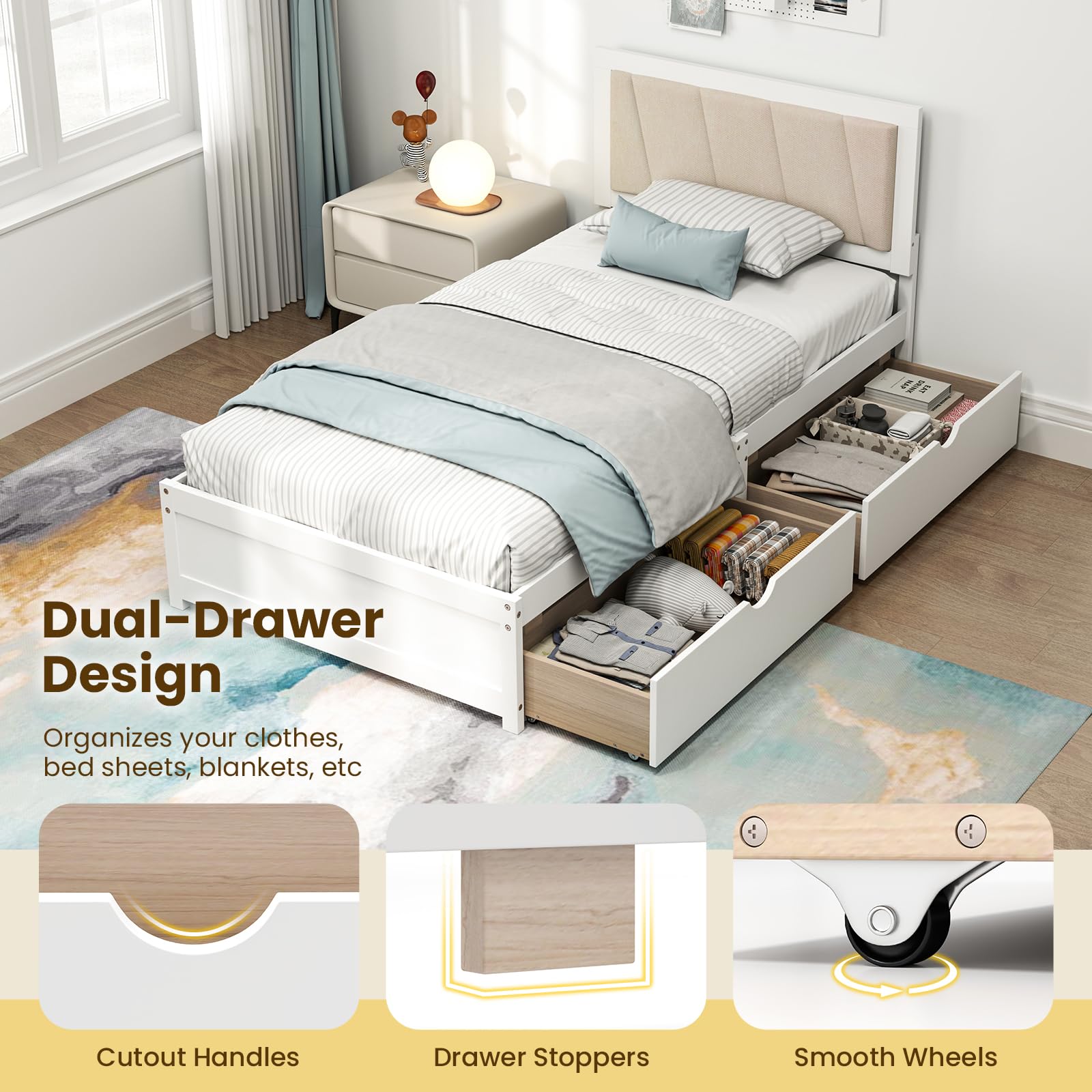 Giantex Wood Twin Bed with 2 Storage Drawers, Solid Wood Platform Bed with Upholstered Headboard