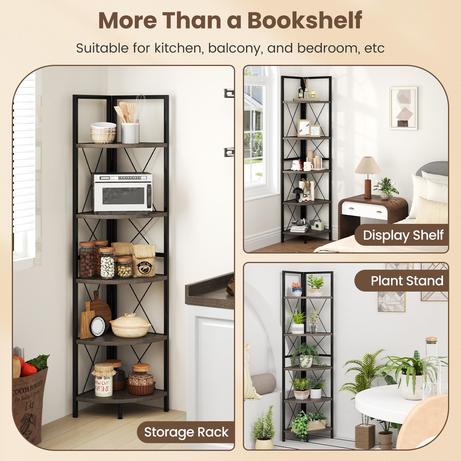 Giantex 5-Tier Corner Shelf, 63" Tall Corner Bookshelf, Freestanding Storage Rack w/Metal Frame
