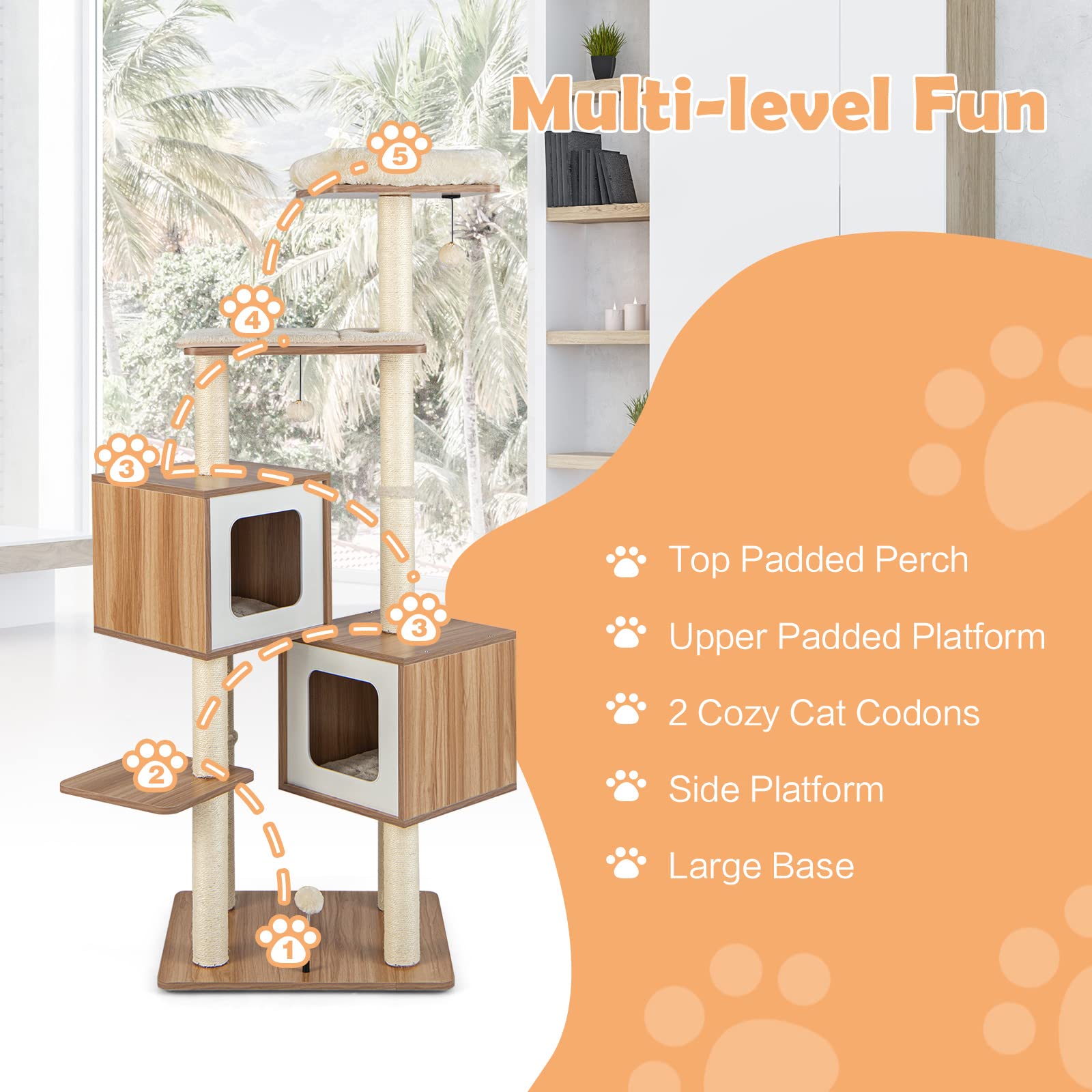 Giantex Multi-Layer Cat Tree, 64.5 inches Cat Tower with Natural Sisal Scratching Posts, 2 Condos, Padded Perch