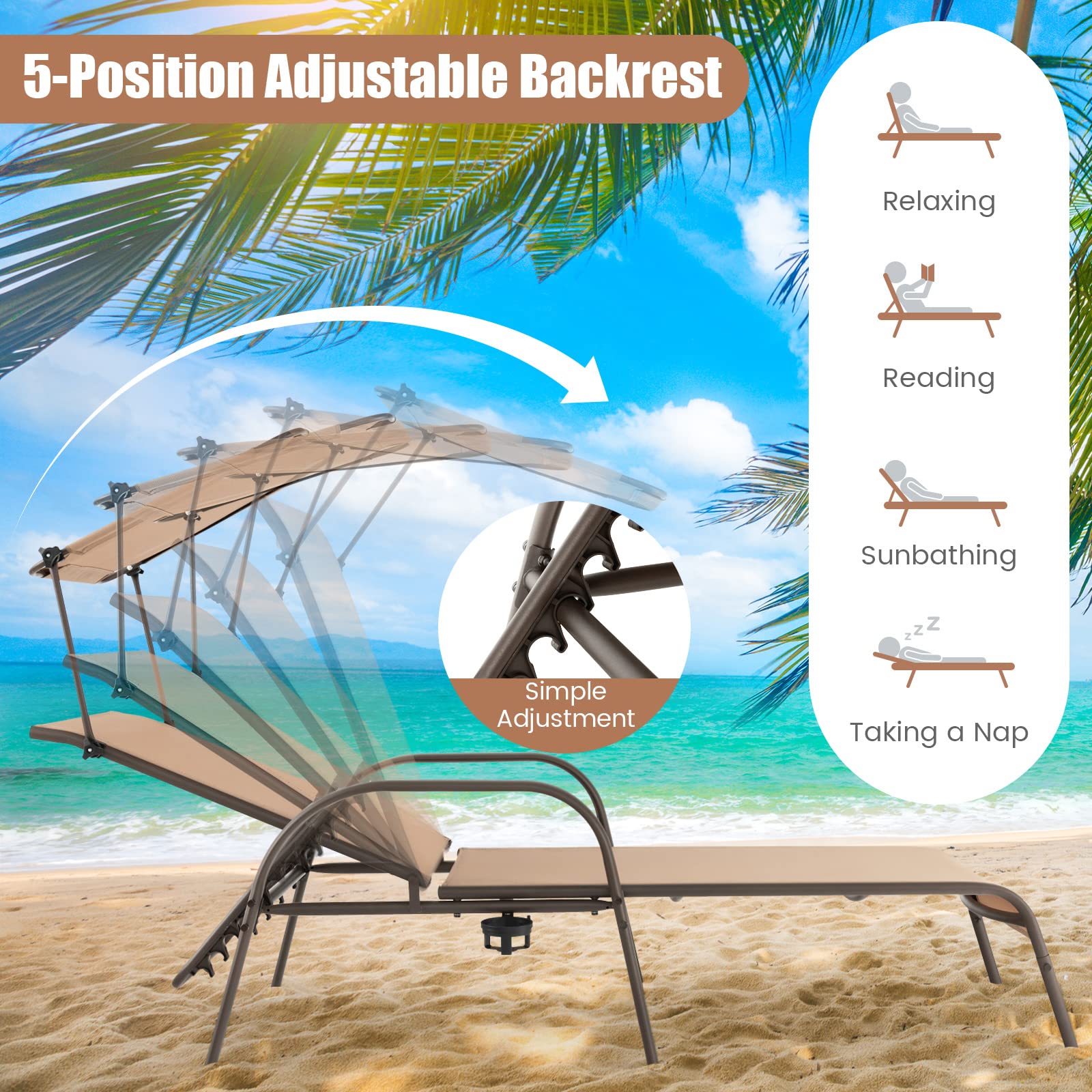 Giantex Patio Chaise Lounge Chair - Outdoor Beach Chair with Adjustable Canopy, Metal Frame Sunbathing Lounger for Outside