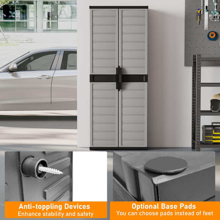 68" Lockable Storage Cabinet, PP Garage Storage Shed with Doors, 3 Adjustable Shelves