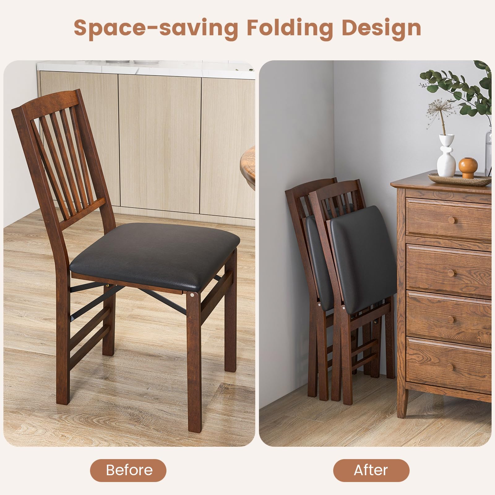 Giantex Folding Dining Chairs Set of 2, Foldable Wood Kitchen Chairs with Padded Seat