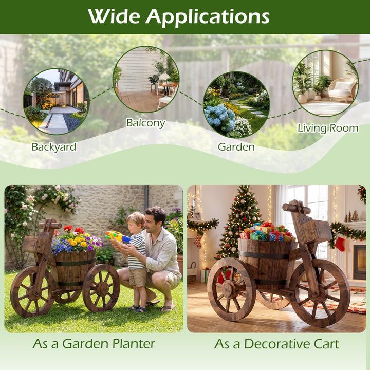 Giantex Wooden Wagon Planter with Wheels for Patio Backyard Balcony