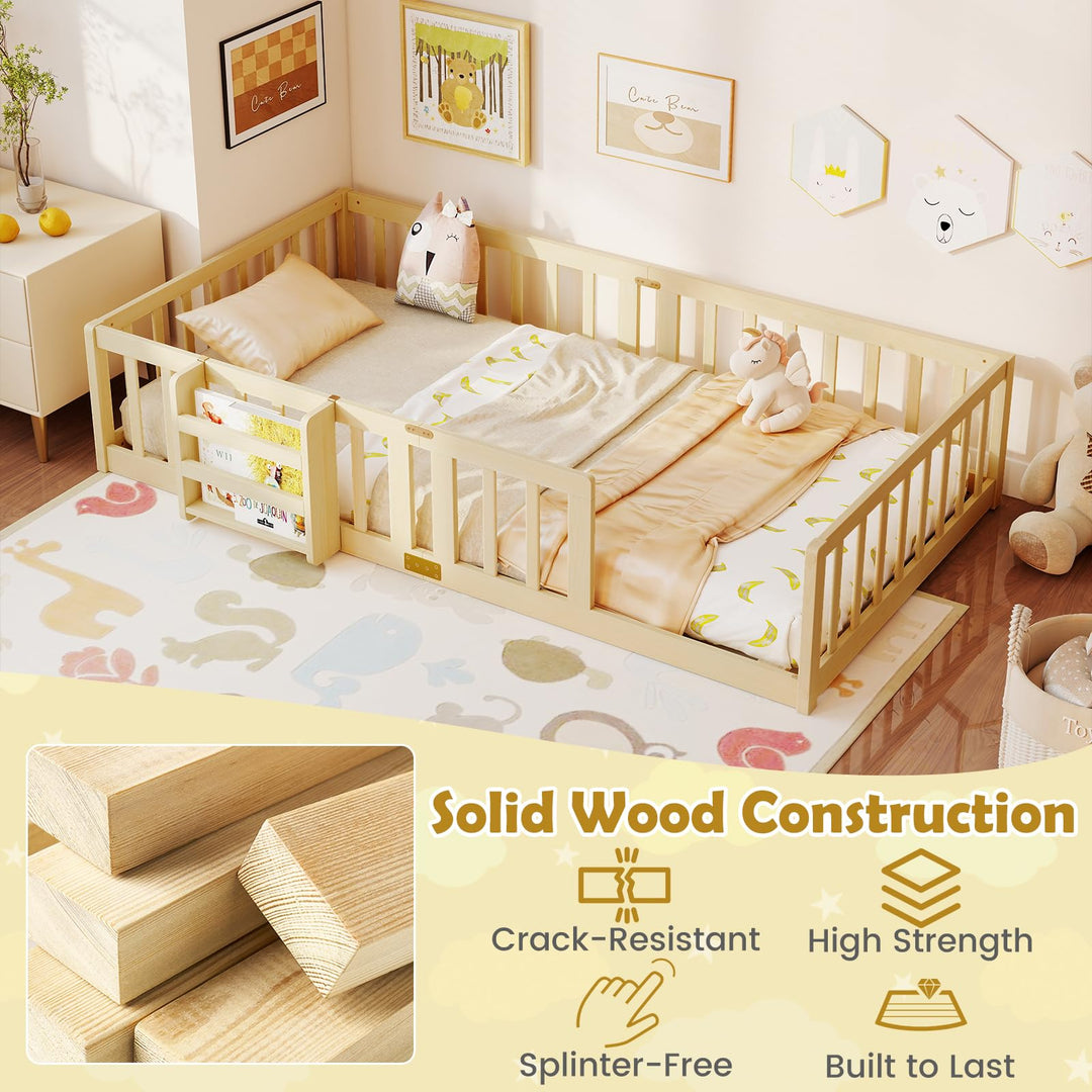 GIANTEX Twin Solid Wood Floor Bed for Kids | Montessori Bed with Bedside Bookshelf