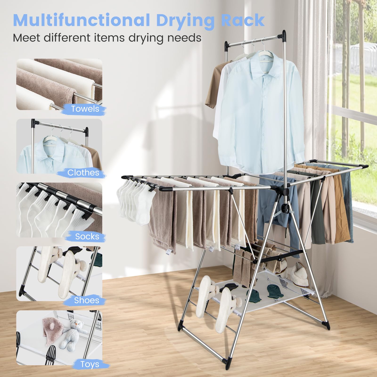 Giantex Clothes Drying Rack, Aluminum Foldable Laundry Drying Rack with with 6-Level Adjustable Height