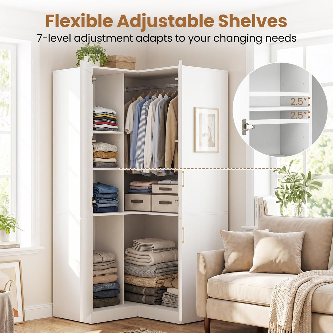 GIANTEX 70" L-shaped Armoire Wardrobe Closet with Glass Doors &amp; Adjustable Shelves