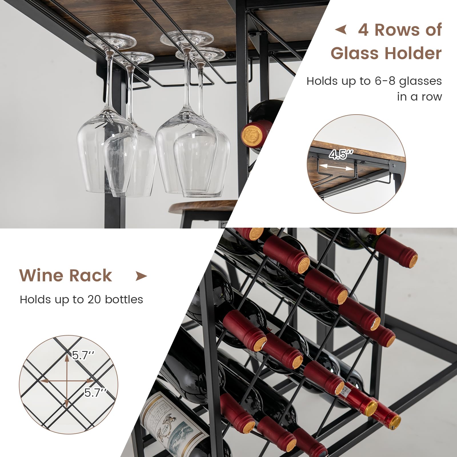 Giantex 5 Pieces Bar Table and Stools Set - Bar Height Table with Stools for 4, Kitchen Table Set with Wine Rack & Glass Holder