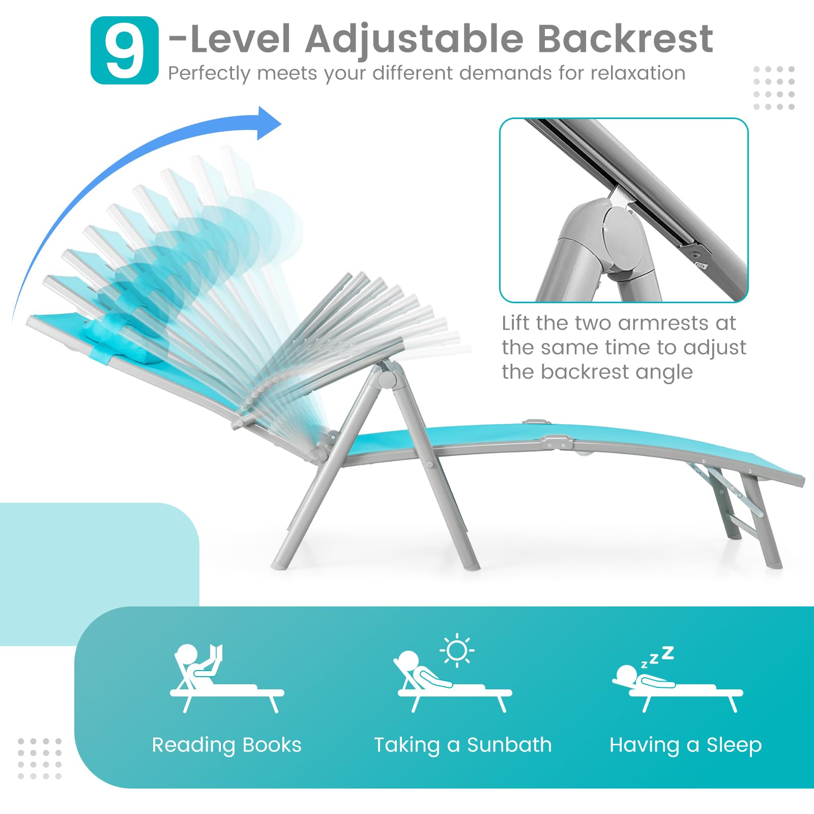 Giantex Folding Chaise Lounge Chair - Outdoor Reclining Chair with Removable Seat Cushion, Headrest Pillow