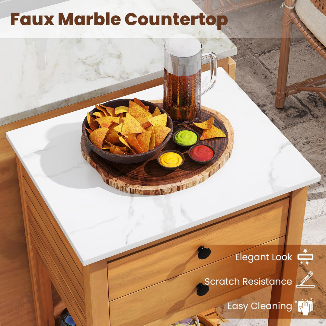 Giantex Acacia Wood Outdoor Side Table with Faux Marble Countertop, 2 Drawers