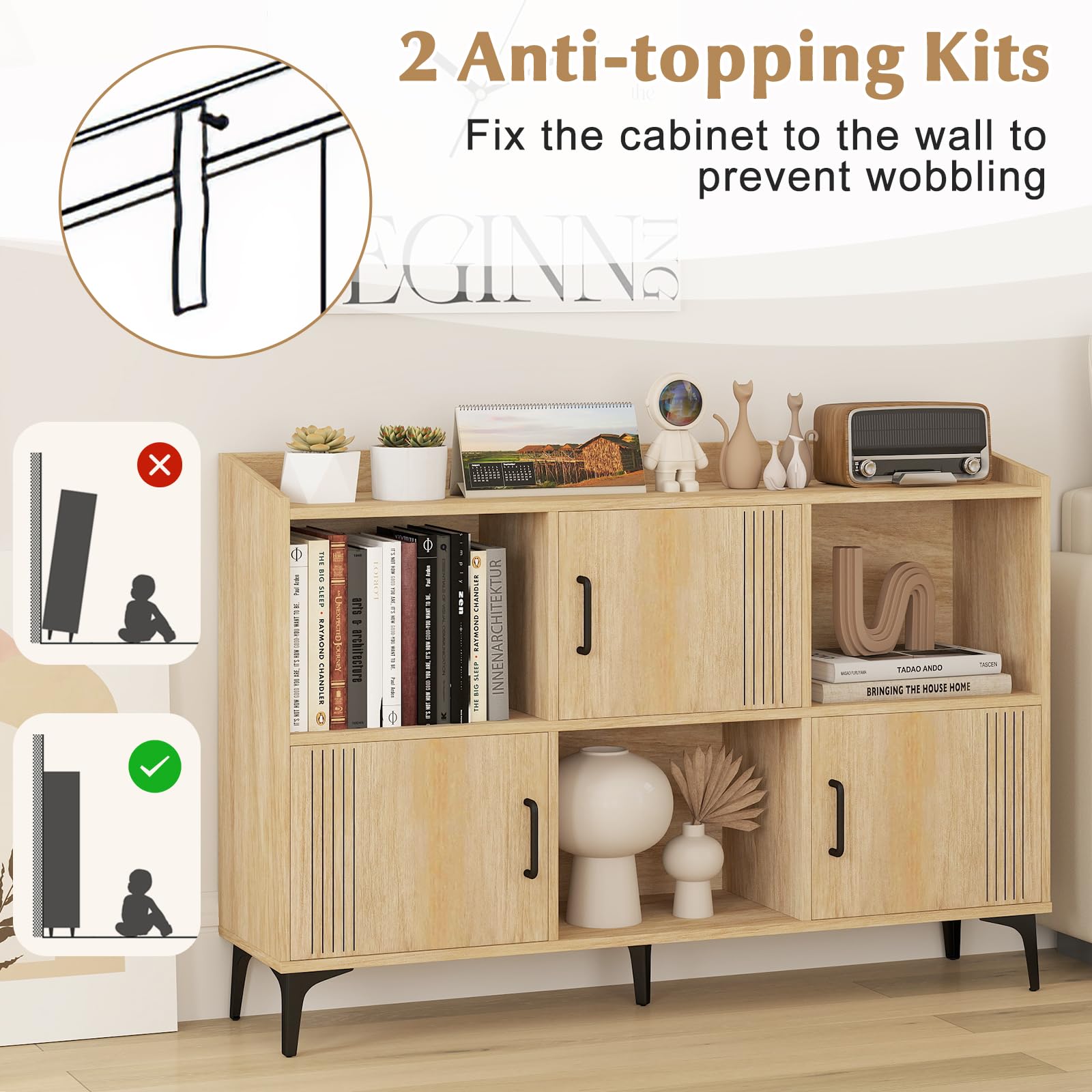 Giantex Storage Cabinet, Sideboard with 3 Doors, 3 Open Compartments, Bookcase with 5 Raised Metal Legs