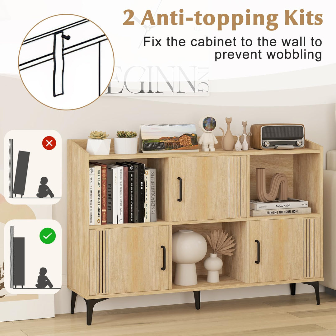 Giantex Storage Cabinet, Sideboard with 3 Doors, 3 Open Compartments, Bookcase with 5 Raised Metal Legs