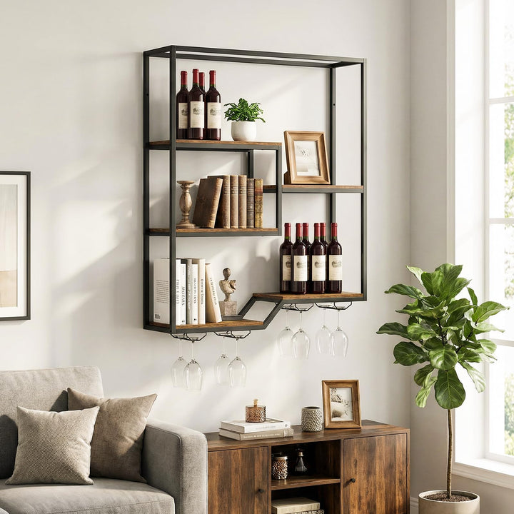 Giantex Wall Mounted Wine Rack 6-Tier Hanging Bar Shelf with Bottle Display Shelf and Glass Holder