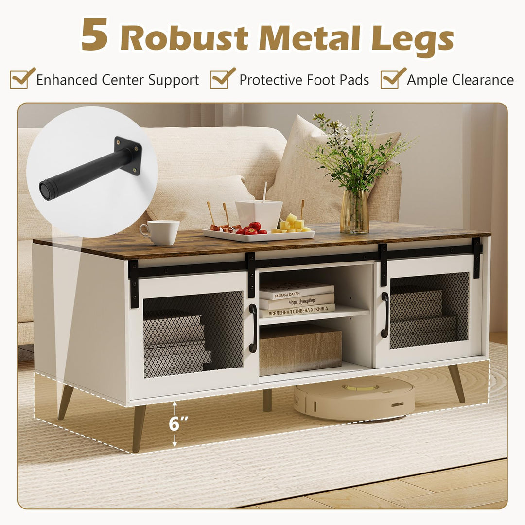 Giantex 48" Farmhouse Coffee Table with Sliding Doors &amp; Adjustable Shelf
