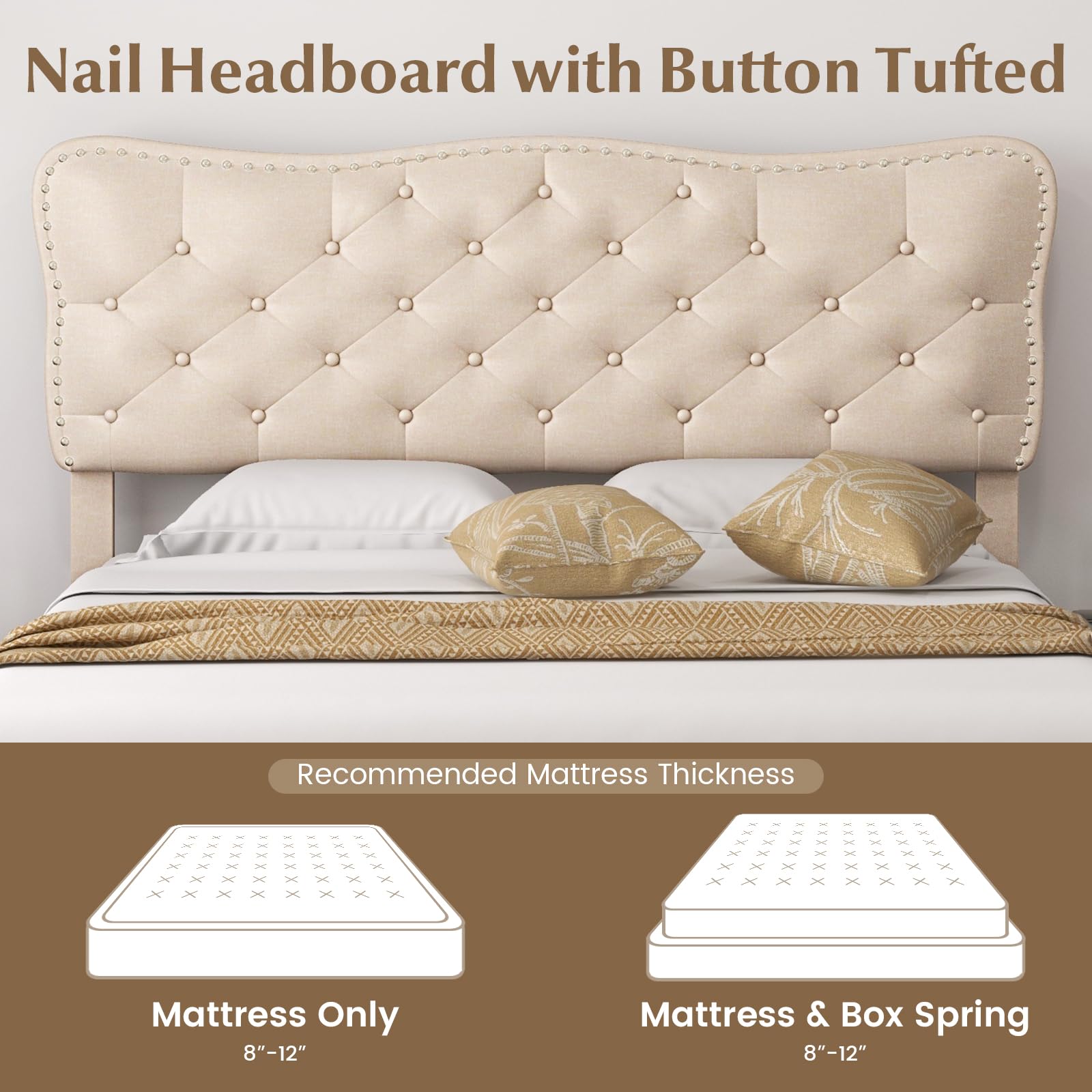 Giantex Full Size Bed Frame Beige, Linen Fabric Upholstered Platform Bed Frame with Nail Headboard