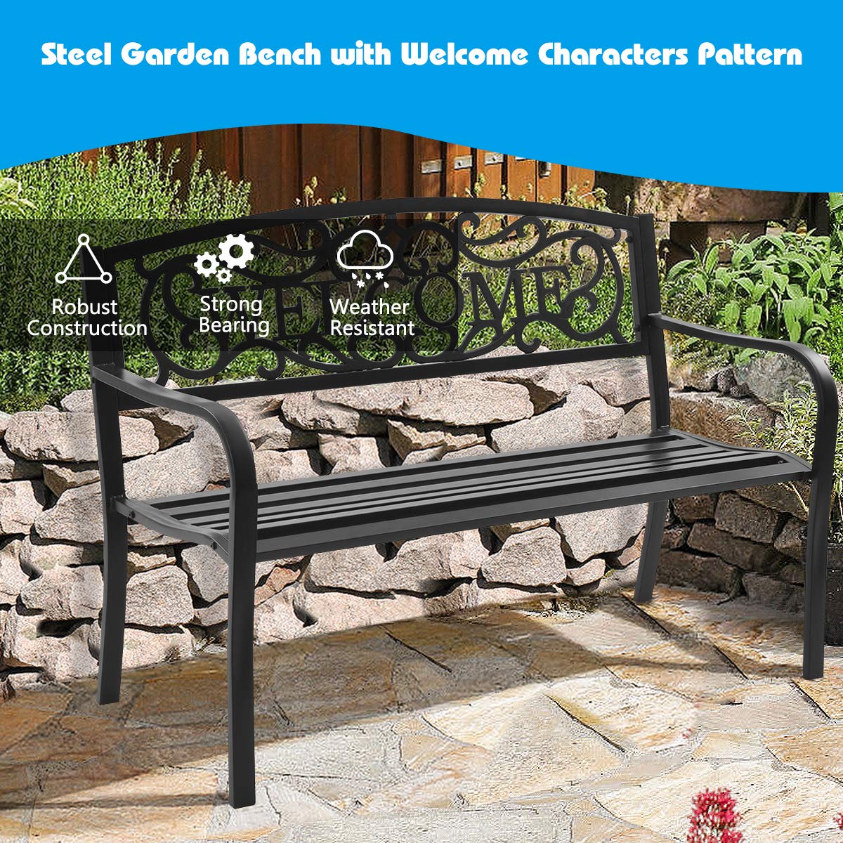 Giantex Garden Bench, Antique Metal Outside Bench w/Warm Welcome Pattern