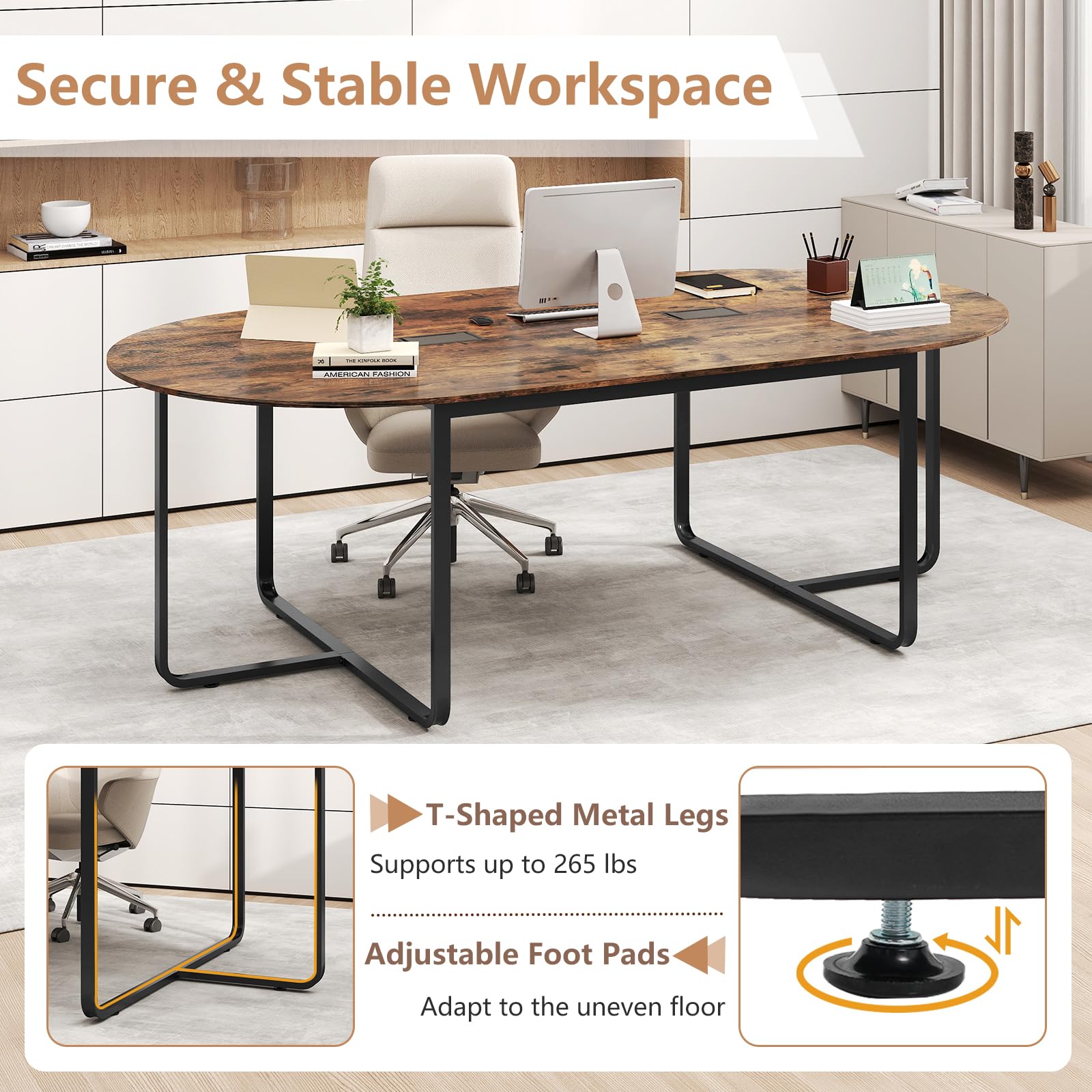 Giantex Large Oval Meeting Table for 10 to 12 People with Dual Cable Holes and Metal Legs