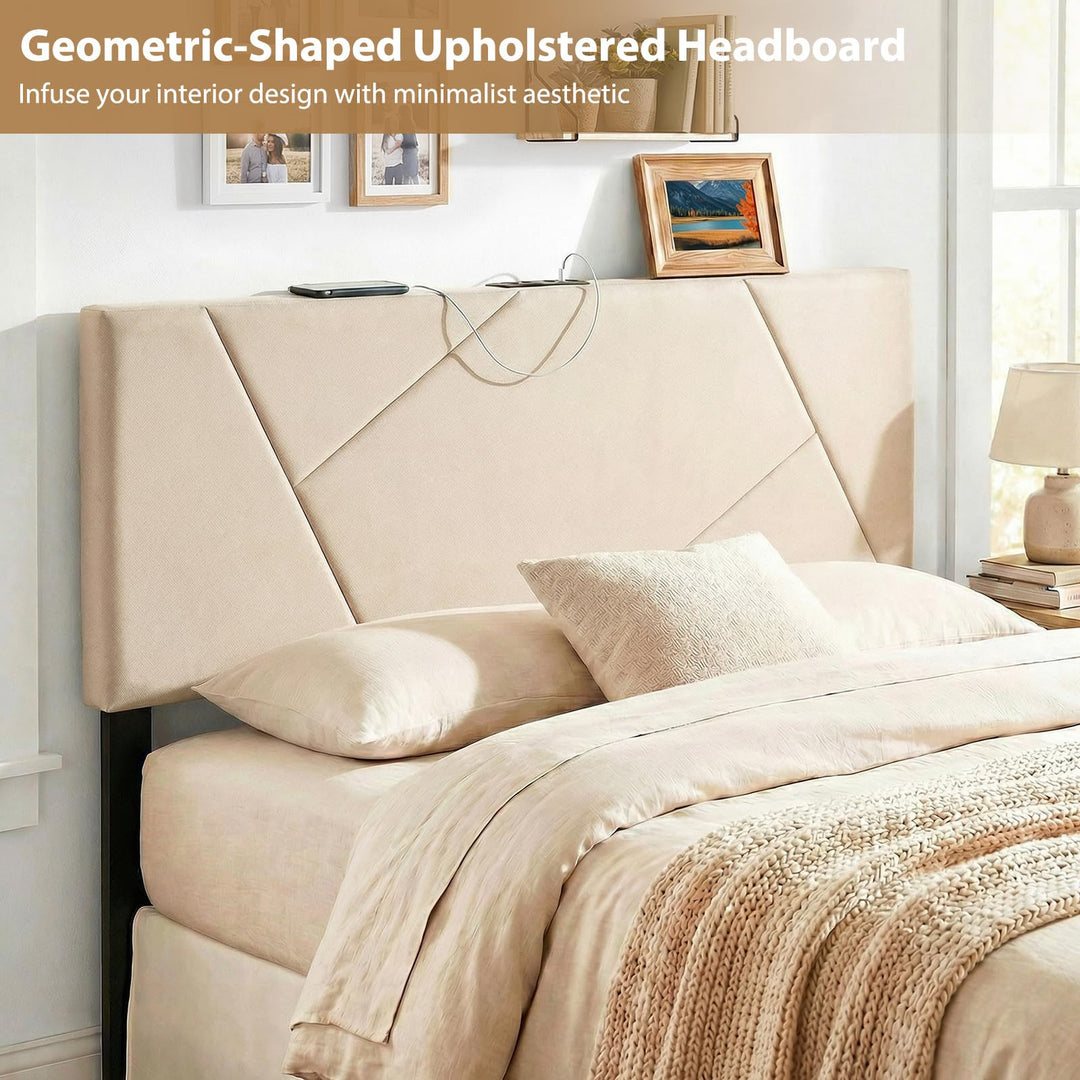 Giantex Geometric Upholstered Head Board with 2 AC Outlets for Queen and Full Size Bed