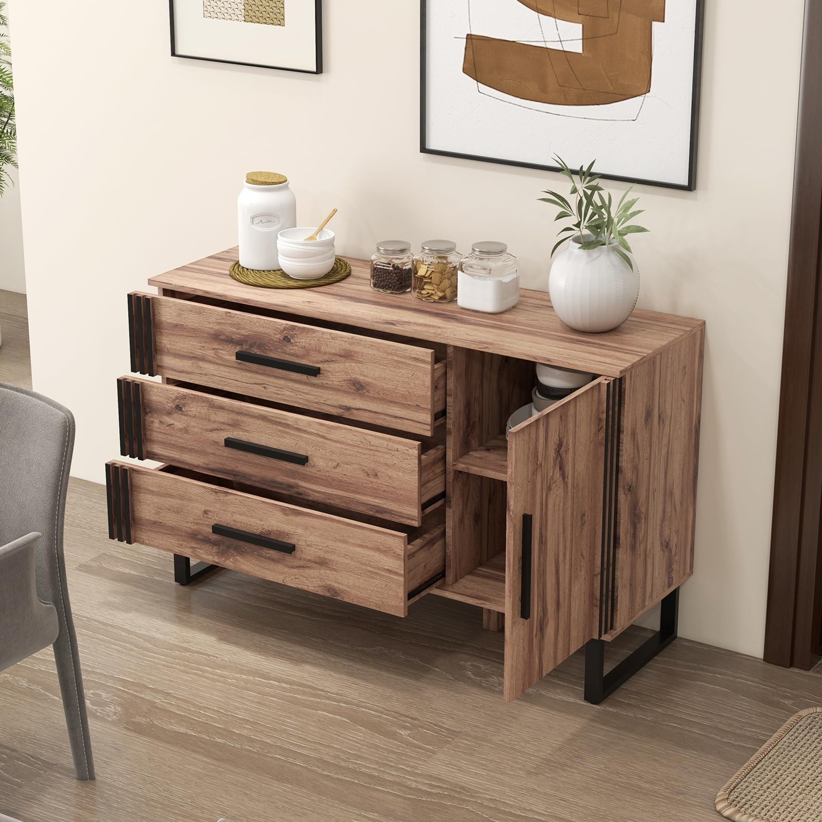 Giantex Buffet Cabinet with Storage, Kitchen Sideboard with 3 Large Drawers & 1-Door Storage Cabinet