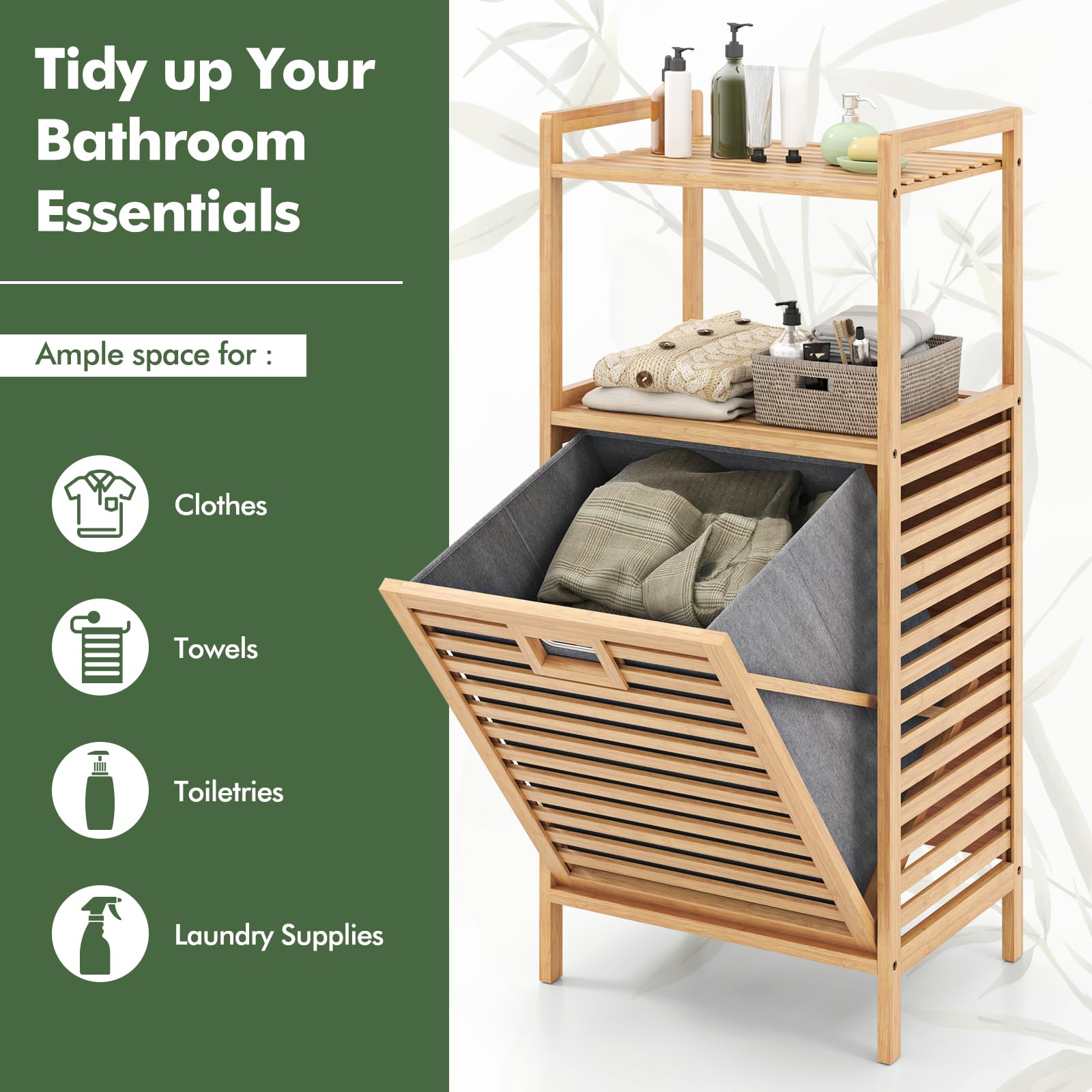 Giantex Tilt Out Laundry Hamper Bamboo Laundry Storage Cabinet with 2-Tier Storage Shelves
